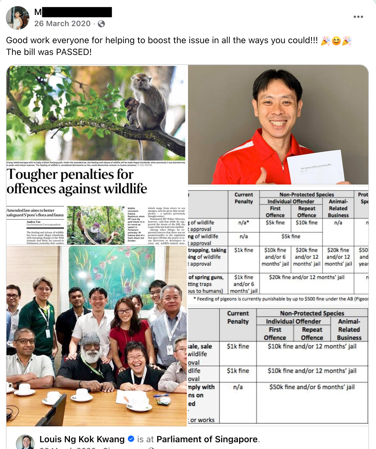 screenshot of post in Climate Media Hub stating that MP Ng's Wild Animals and Birds (Amendment) Bill passed